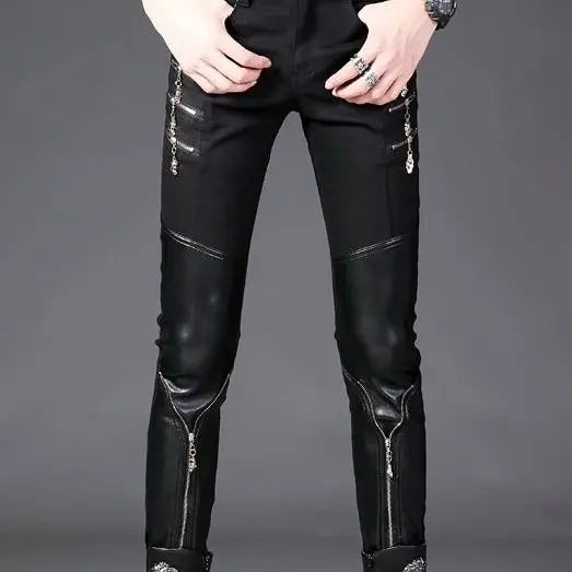 Luxury Men's Jeans Korean Style Slim Jeans for Men New Casual Black with PU Leather Splice and Zipper Desinger Nightclub Pants