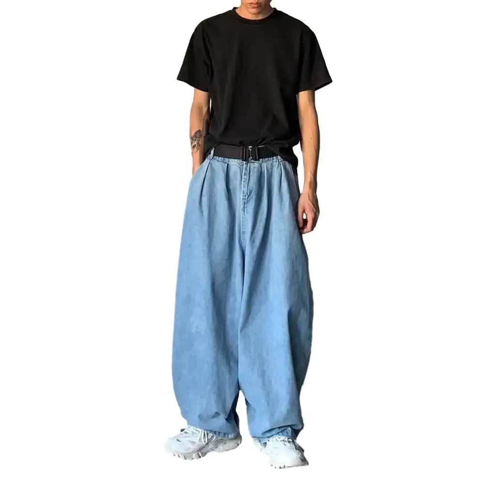 Pantalones vaqueros de tiro medio para hombre, cintura elástica, bolsillos, color liso, holgados, pierna ancha, ropa de calle