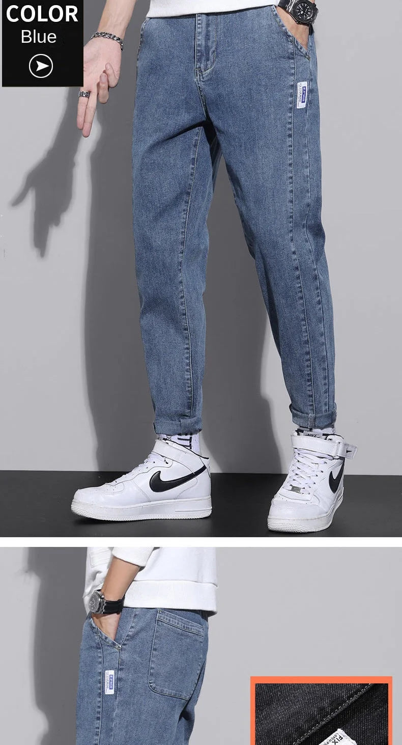 2024 New Arrival Drawstring Gym Clothing Men's Loose Cowboy Leg Jeans Spring Autumn Denim Casual Harem Pants Youth Trendy Jeans
