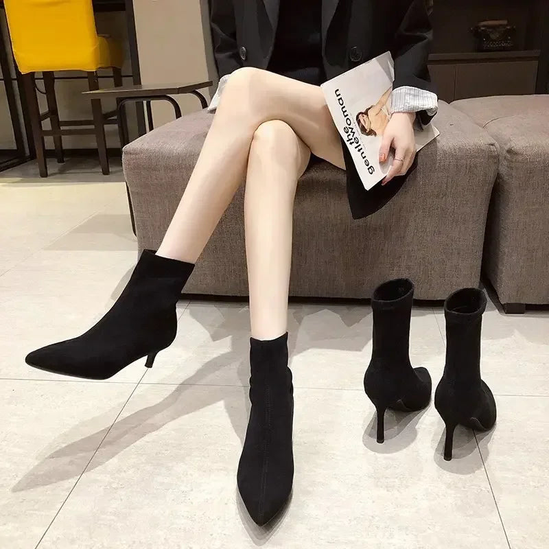 5/7/9CM Luxury Women Black Flock Sock Boots Stiletto Thin High Heels Elastic Knitting Boots Winter Stretch Fabric Ankle Boots