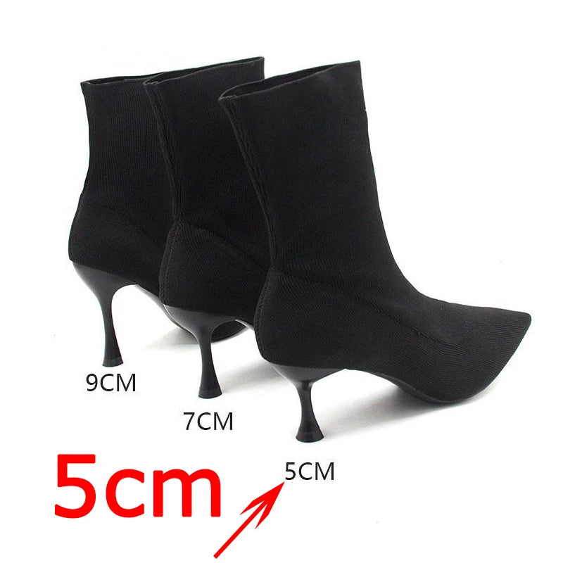 9cm 7cm 5cm Stretch Fabric Socks Boots Women Black Shoes Elegant Pointed Toe Knitting Elastic Ankle Boots for Women