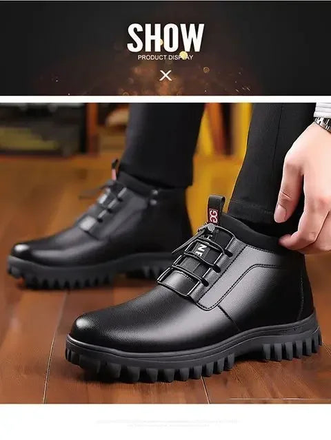 Zapatos de invierno de piel para hombre, de moda, con forro de felpa, cálidos, cómodos, antideslizantes, de algodón, para negocios, para exteriores, informales, botas de nieve, para vacaciones