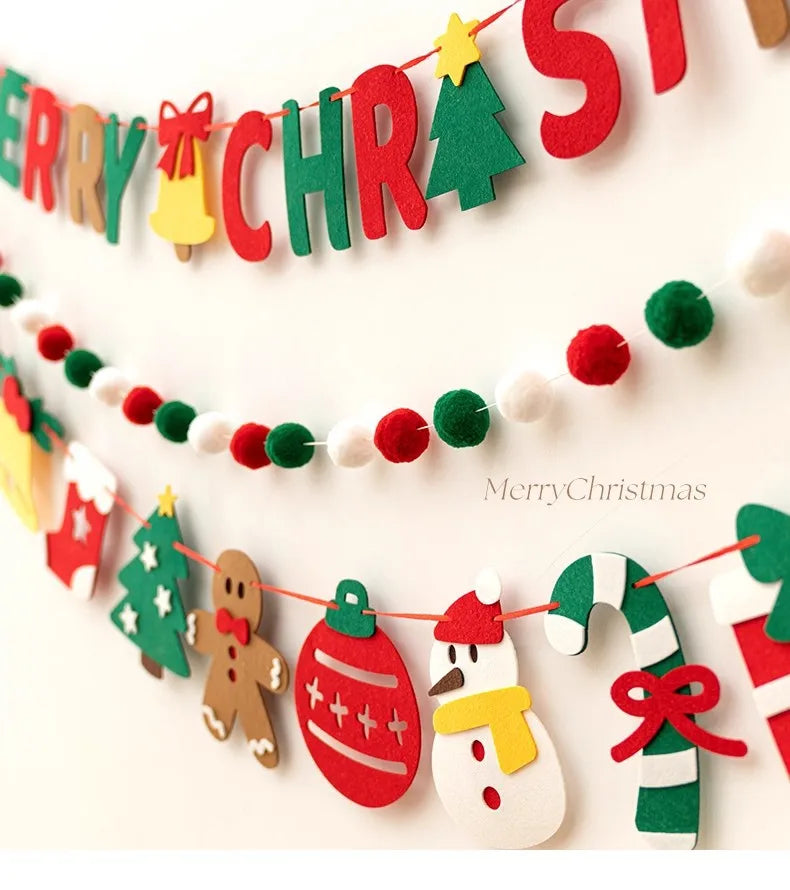DIY Handmade Pull Flag Banner with LED Light String Merry Christmas Holiday Ornaments Home Room Background Christmas Decoration
