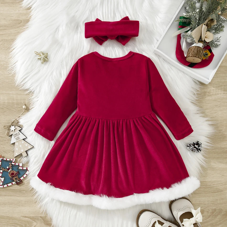 Children Christmas Party Dress Velvety with Fluffy Trim Hooded V-Neck Xmas Gown with Waist Bow Girl Red Christmas Dress