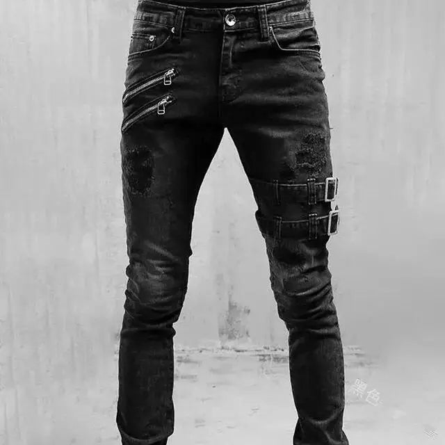 Pantalones vaqueros de tubo para hombre, de cintura media, estilo motociclista, lavados, con bolsillos, ajustados, ligeramente elásticos, hasta el tobillo, con cremallera, 2024
