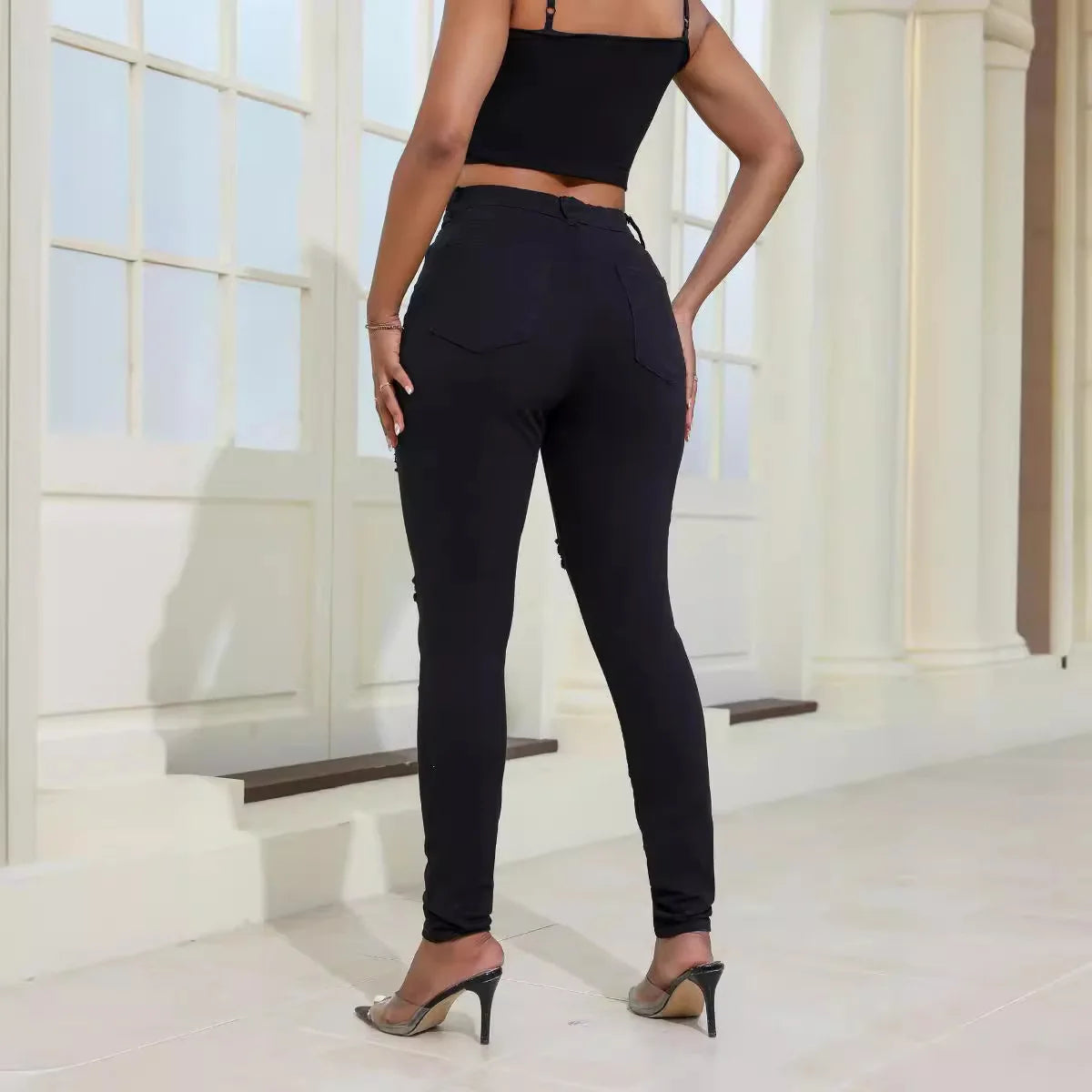 Pantalones vaqueros sexys de cintura alta con agujeros, elásticos, rotos, blancos y negros, para mujer. Vaqueros rotos para mujer.