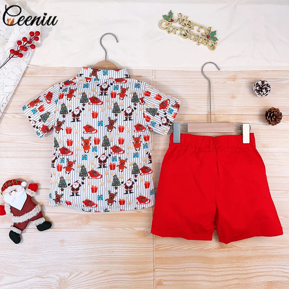 Ceeniu 1-5Y New Year Costume For Boy Christmas Outfit Santa Deer Printed Necktie Shirts and Red Pants Children Christmas Clothes