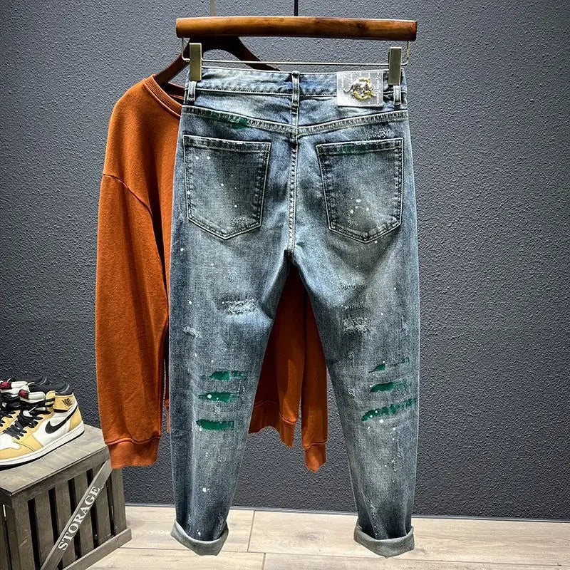 Trendy Jeans Men's Slim Fit Autumn 2024 New Style Ripped Punk Denim Pants Versatile Stretchy Little Shorts For Men