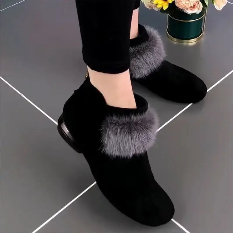 Zapatos de invierno para mujer, botas cálidas de felpa, de tacón bajo, antideslizantes, para ir al trabajo, para oficina, botas cortas con cremallera a la moda.