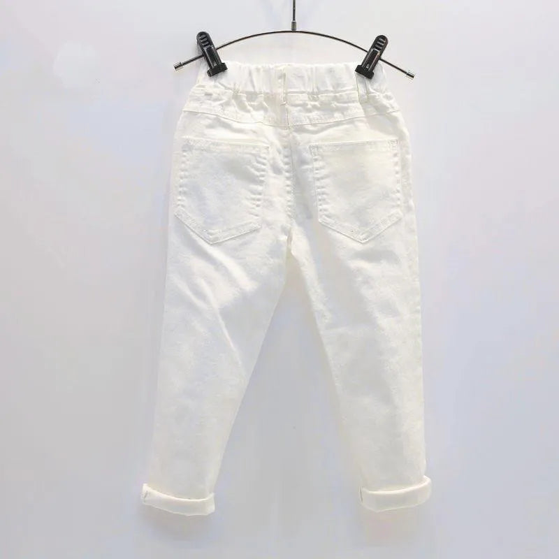 Pantalones vaqueros blancos de mezclilla para niñas y niños de otoño 2025, pantalones rotos para niños de 2, 3, 4, 5, 6 y 7 años