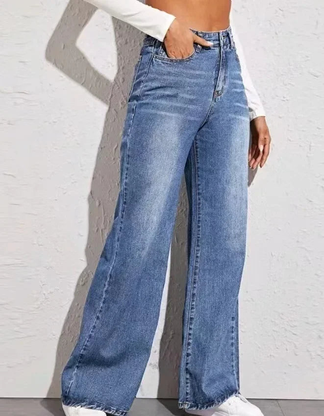 Vaqueros holgados de cintura alta para mujer, vaqueros azules lavados con cremallera y hasta los tobillos, pantalones vaqueros rectos informales para mujer