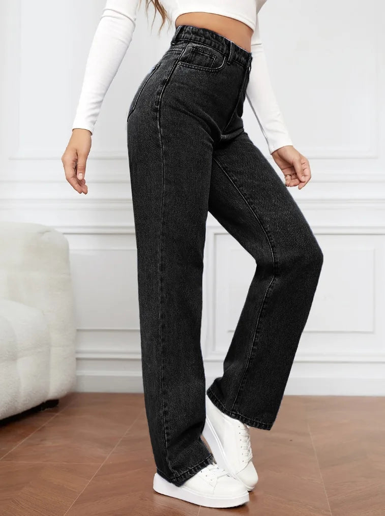 Pantalones vaqueros rectos para mujer, lavados, cintura alta, holgados, bolsillos, básicos, hasta el tobillo, color liso, ligeramente elásticos.