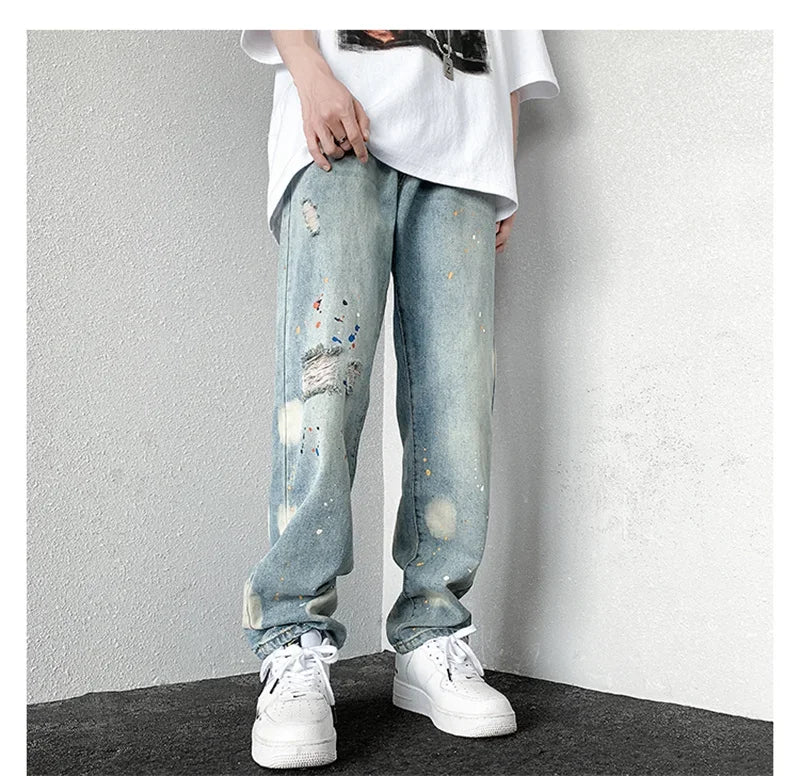 Men's Splashing ink Ripped Baggy Jeans 2024 New Hip Hop Fashion Graffiti Holed Straight-leg Denim Pants Y2k Streetwear Jean