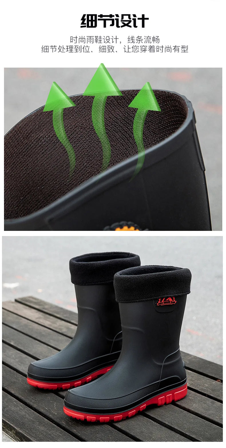 Bottes de pluie décontractées pour hommes, imperméables et antidérapantes, tige mi-haute, chaussures de travail tendance en caoutchouc (prendre une pointure au-dessus pour les modèles en coton)