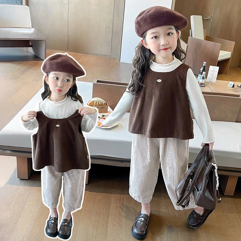 Girls Autumn Spring Clothing Set Fashion Children's Bow Tie Vest + Undershirt + Wide-Leg Pants Three-Piece Set 2025 New