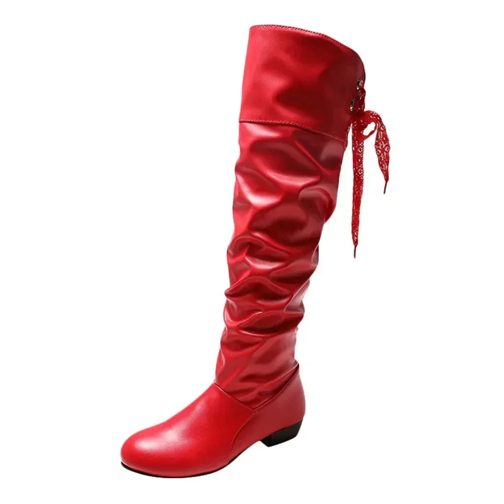 New Fashion Woman’s Autumn Winter Boots Female Stretch PU Leather Shoes Woman Red White Roma Style Knee-Length Plus Size 43