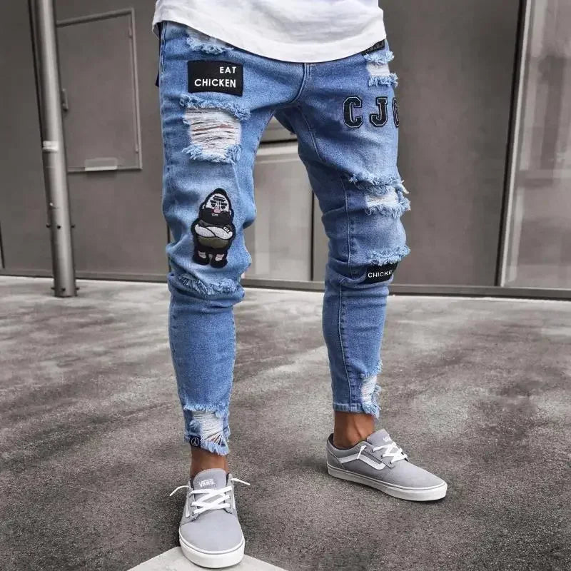 Punk Denim Pants Men Jeans Skinny Ripped Hole Patchwork Slim Pencil Denim Hip Pop Trousers Autumn Plus Size Streetwear Men's