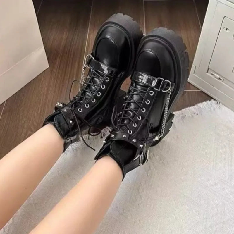 Botas de tobillo para mujer, botas de plataforma góticas de moda, botas cortas británicas, botas de moto para mujer, botas punk con remaches de diseñador, botas
