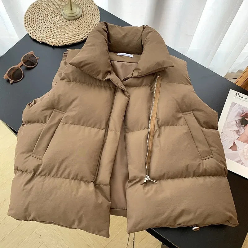 Women Vest Parkas Sleeveless Solid Jackets Zipper Splice Thick Vests Pockets Stand Collar Coats Warm Elegant Lady Parka