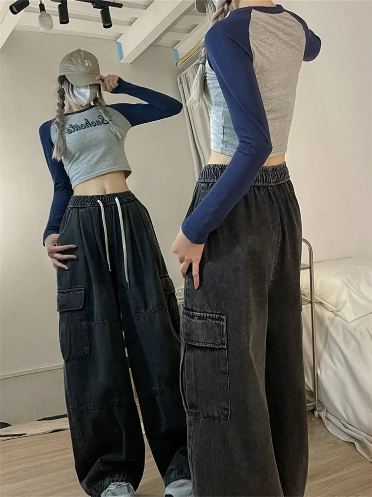 Vintage Blue Cargo Jeans Women Baggy Denim Pants Oversized Y2K Grunge Hip Hop Streetwear Harajuku Casual Wide Leg Trousers