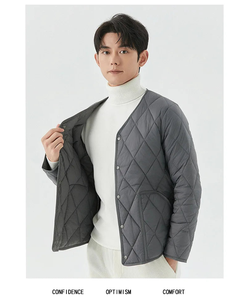 Men's Winter New Lightweight Single-breasted Padded Jacket with Pockets, Young Man Solid Color Argyle Casual Warm Padded Jacket