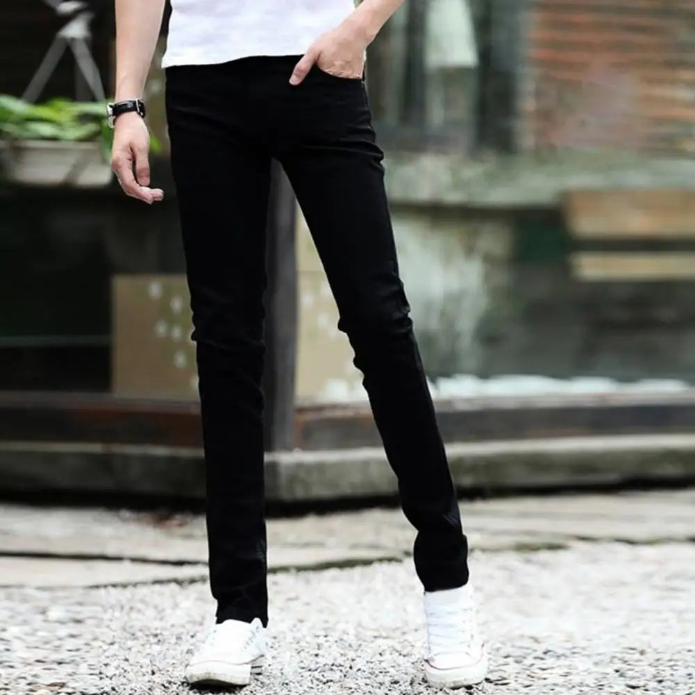 Men Jeans Stretch Skinny Denim Pants Solid Color Black Blue Autumn Summer Luxury Street Harajuku Hip-Hop Style Slim Fit Trousers