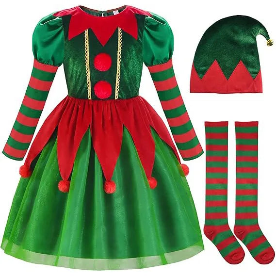 Déguisements de lutin de Noël pour filles et maman, ensemble deux pièces assorti (robe, chapeau, chaussettes, chaussures et ceinture). Cadeau idéal pour les fêtes.
