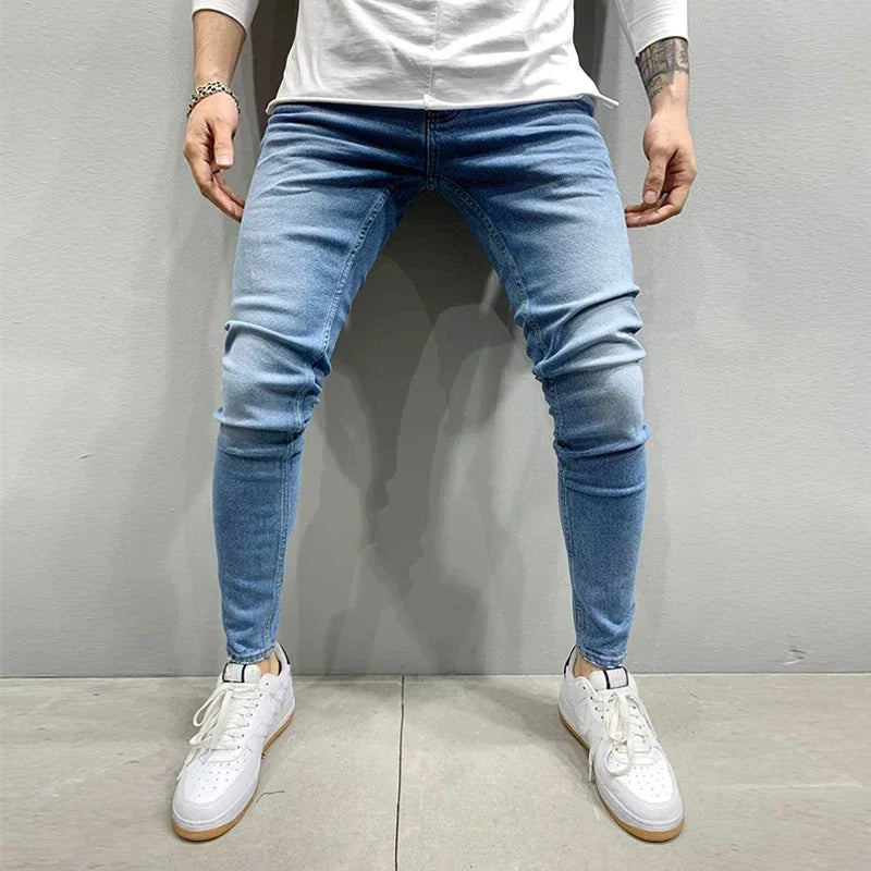 Pantalones vaqueros grises de color puro para hombre, cintura elástica, ajustados, elásticos, sin roturas, ropa de calle, color negro, 2021