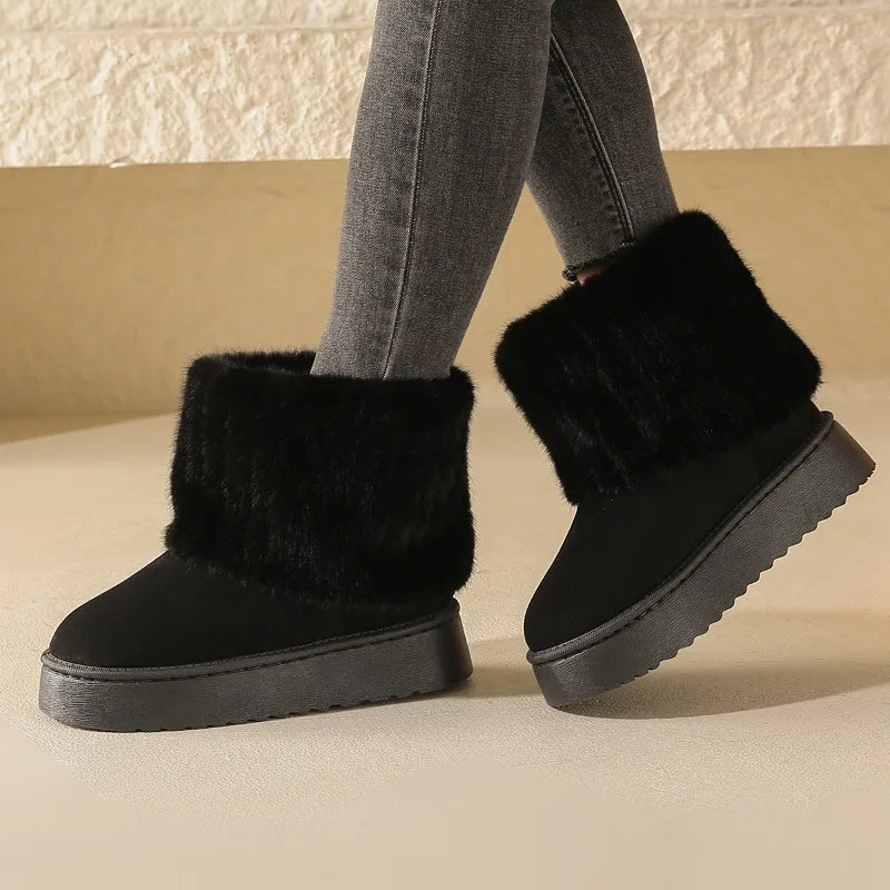 Shoes for Women Winter Slip on Women's Boots Black Round Toe Solid Flock Plush Warm Mid Heel Water Proof Casual Snow Boots Women