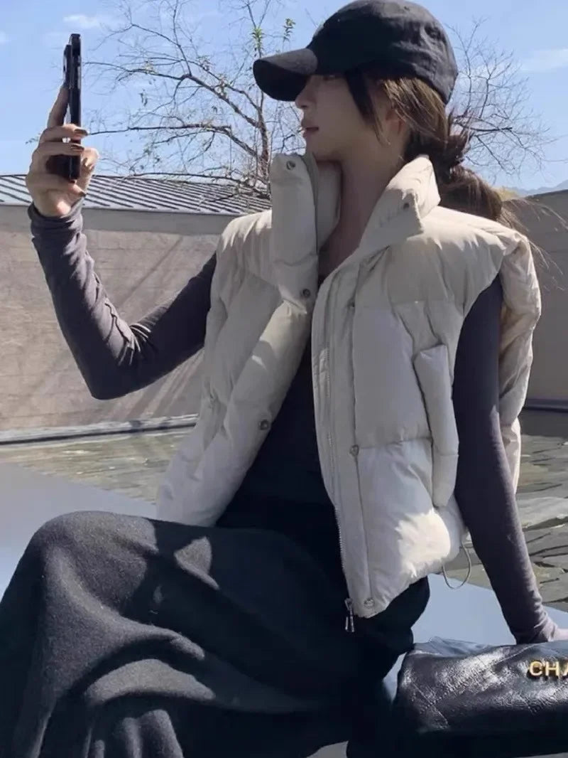 Women Warm Parkas Single Breasted Coats Autumn Winter Vest Coat Khaki High Waist Casual Vests Elegant Y2k Jackets Thick 2024