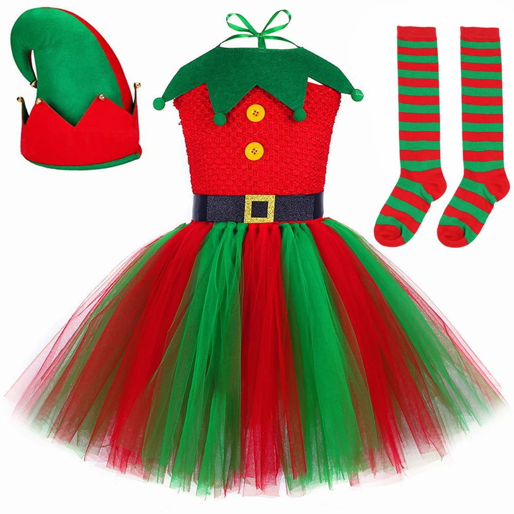 Christmas Elf Costume for Girls Xmas Holiday Party Tulle Dress Up Clothes Toddler Kids Red Green Elf Tutu Princess Dress Outfit