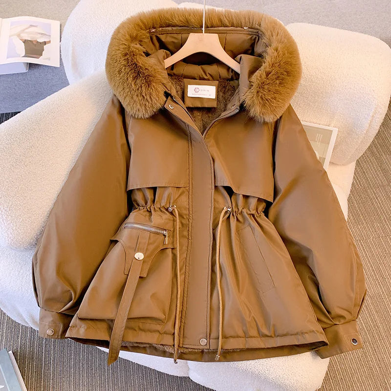 New Women's Cotton-Padded Plush Warm Coat 2024 Autumn Winter Parkas Coat Women's Long Sleeve Zipper Hooded Drawstring Parkas
