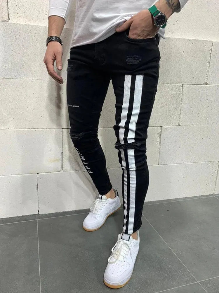 Pantalones vaqueros con estampado de rayas para hombre, de algodón elástico, rotos, ajustados, de alta calidad, estilo hip hop, con agujeros negros, ajustados, de gran tamaño.