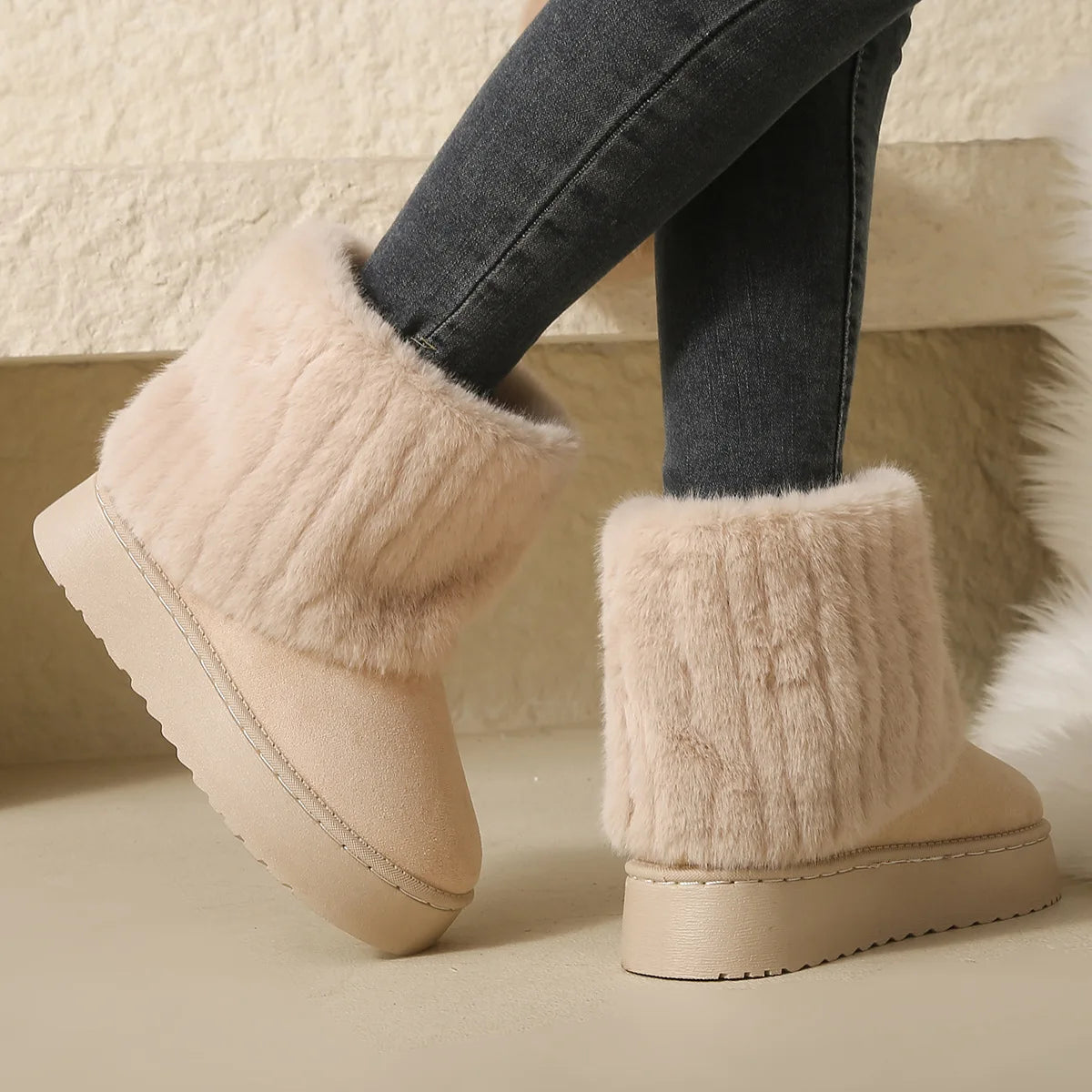 Shoes for Women Winter Slip on Women's Boots Black Round Toe Solid Flock Plush Warm Mid Heel Water Proof Casual Snow Boots Women