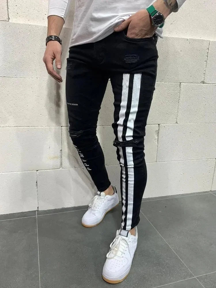 Pantalones vaqueros con estampado de rayas para hombre, de algodón elástico, rotos, ajustados, de alta calidad, estilo hip hop, con agujeros negros, ajustados, de gran tamaño.