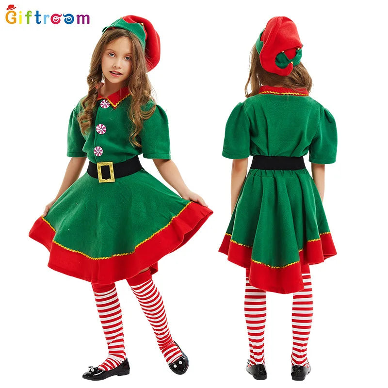 2025Christmas elf costumes, Santa Claus costume sets green elves Halloween cosplay