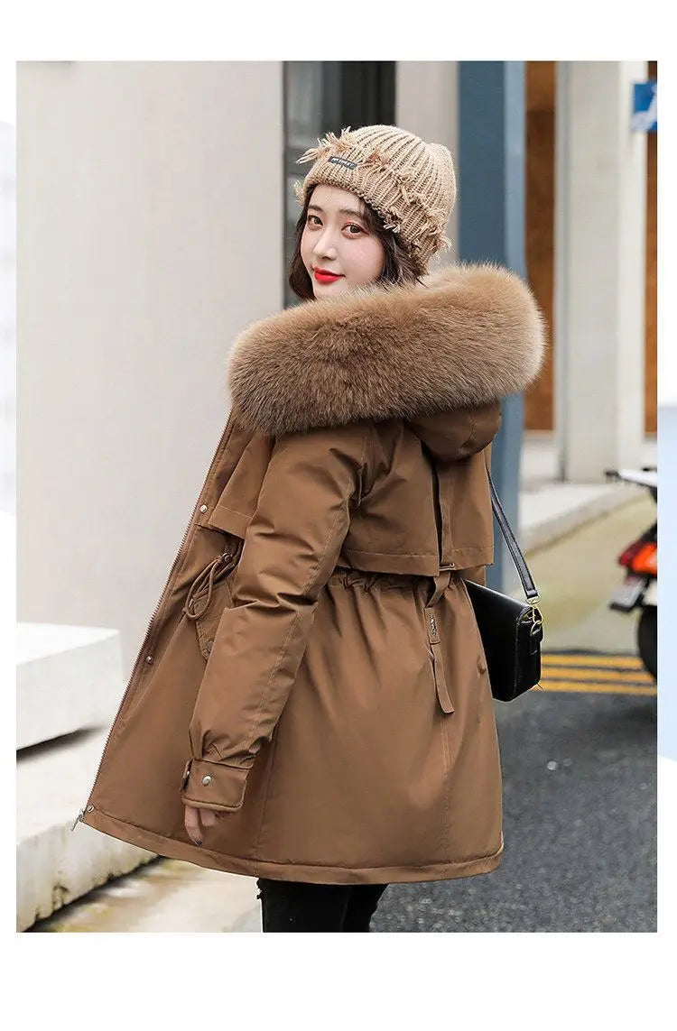 Spring Parkas Women Coats Mid Length Coat Thick Warm Hooded Drawstring Jackets Splice Zipper Tight Waist Jacket Autumn Winter