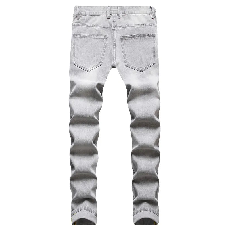 Mens Jeans Large-size Straight Light Gray Denim Trousers Spring and Autumn Full Length Male Pants Ripped Jeans