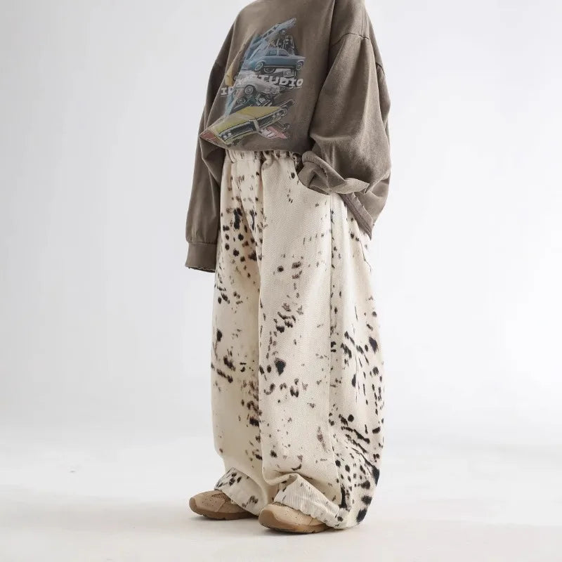 Korean Style 2-8Y Boys Jeans Spring Autumn Kids Apricot Leopard Print Casual Wide Leg Pants Children Versatile Trousers A05038