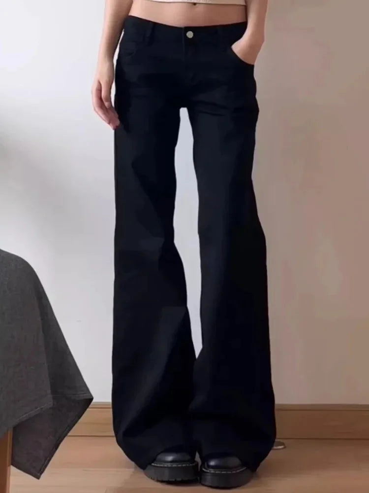 Vaqueros de talla grande estilo americano con cintura baja, anchos y micro acampanados para mujer, corte holgado, versátil y recto, para principios de otoño