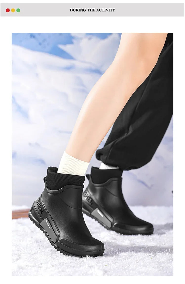 Waterproof Ankle Rain Boots for Men Chef Kitchen Fleece-lined Man Shoes Work Fashion Rainy Day Non-slip Garden Fishing Wellies