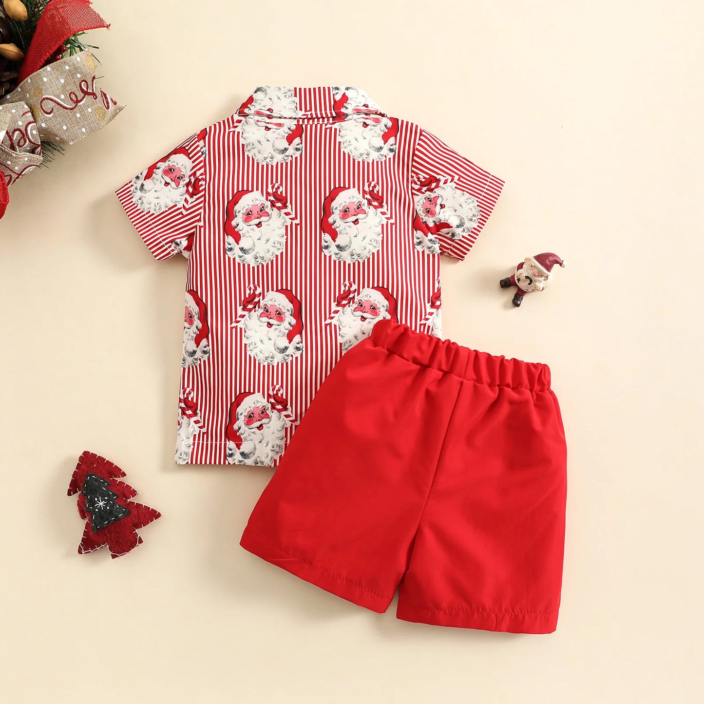 Ceeniu 1-5Y New Year Costume For Boy Christmas Outfit Santa Deer Printed Necktie Shirts and Red Pants Children Christmas Clothes
