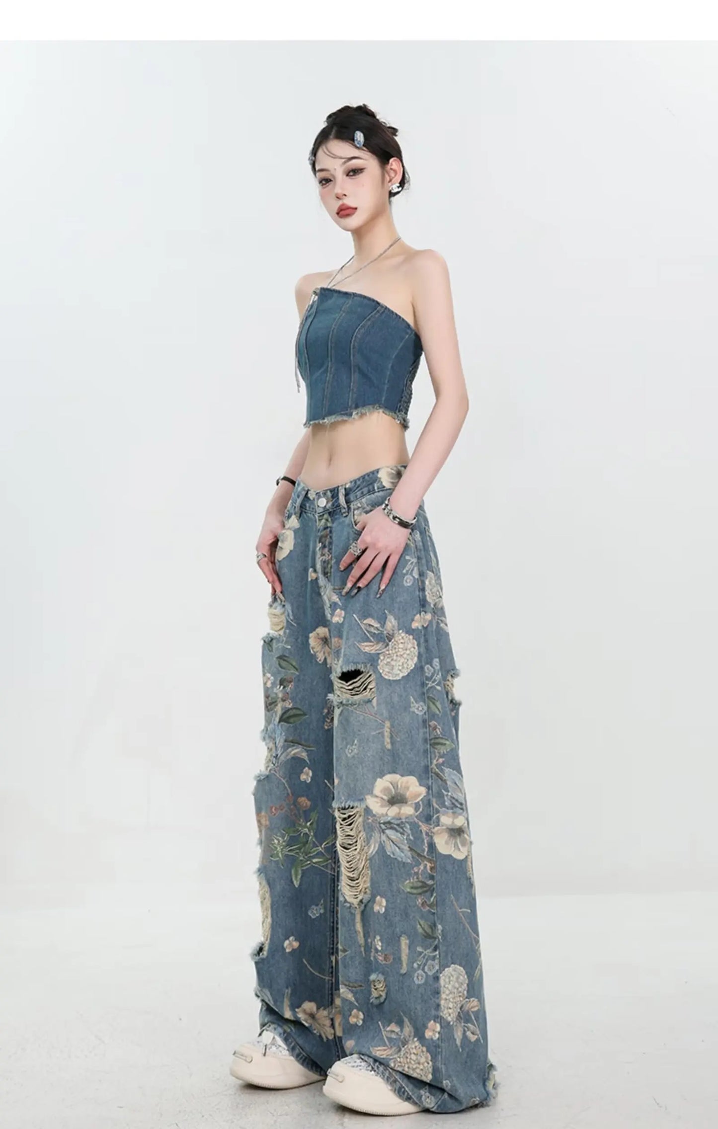 American Street Print Jeans For Women Trendy Style Loose And Versatile Floor-length Wide-leg Pants With A Versatile Design