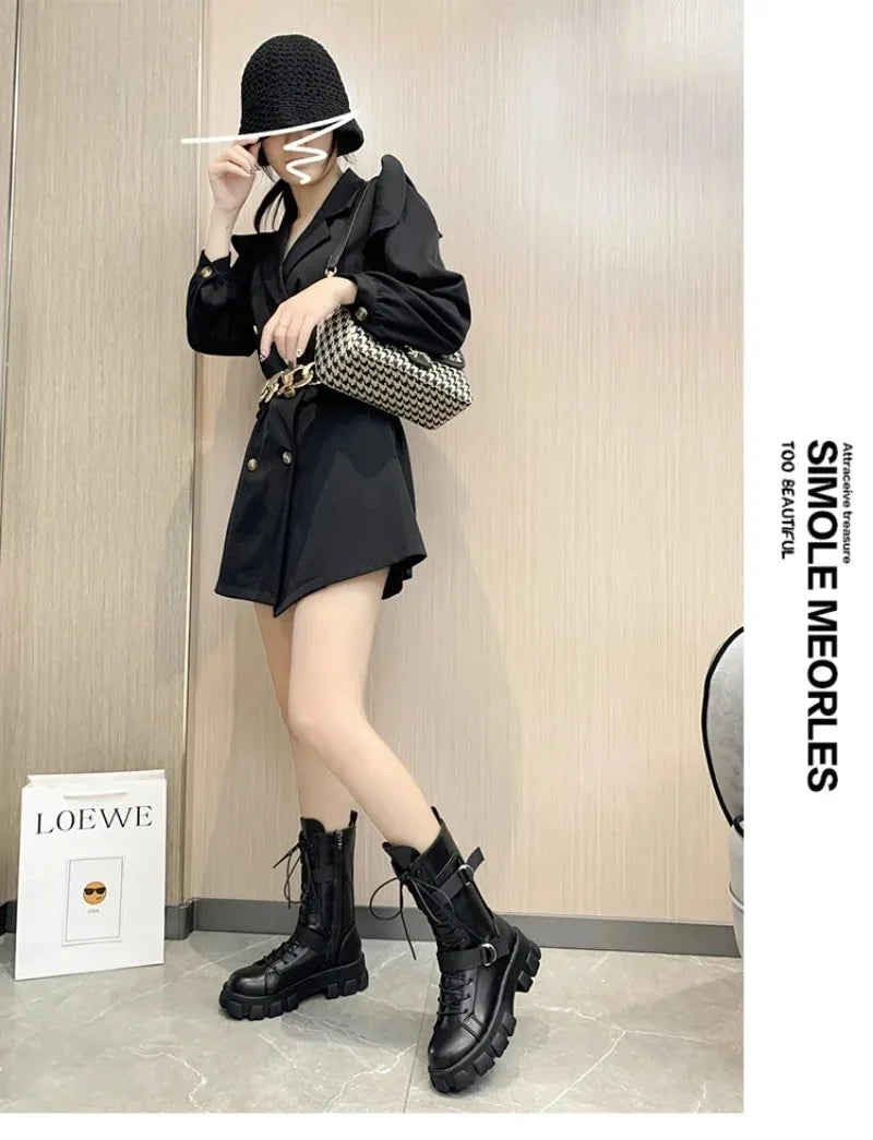 Women's Mid-Calf Boots High Quality Casual Leather Boots Fashion Motorcycle Booties Designer Belt Buckle Knight Boots for Women