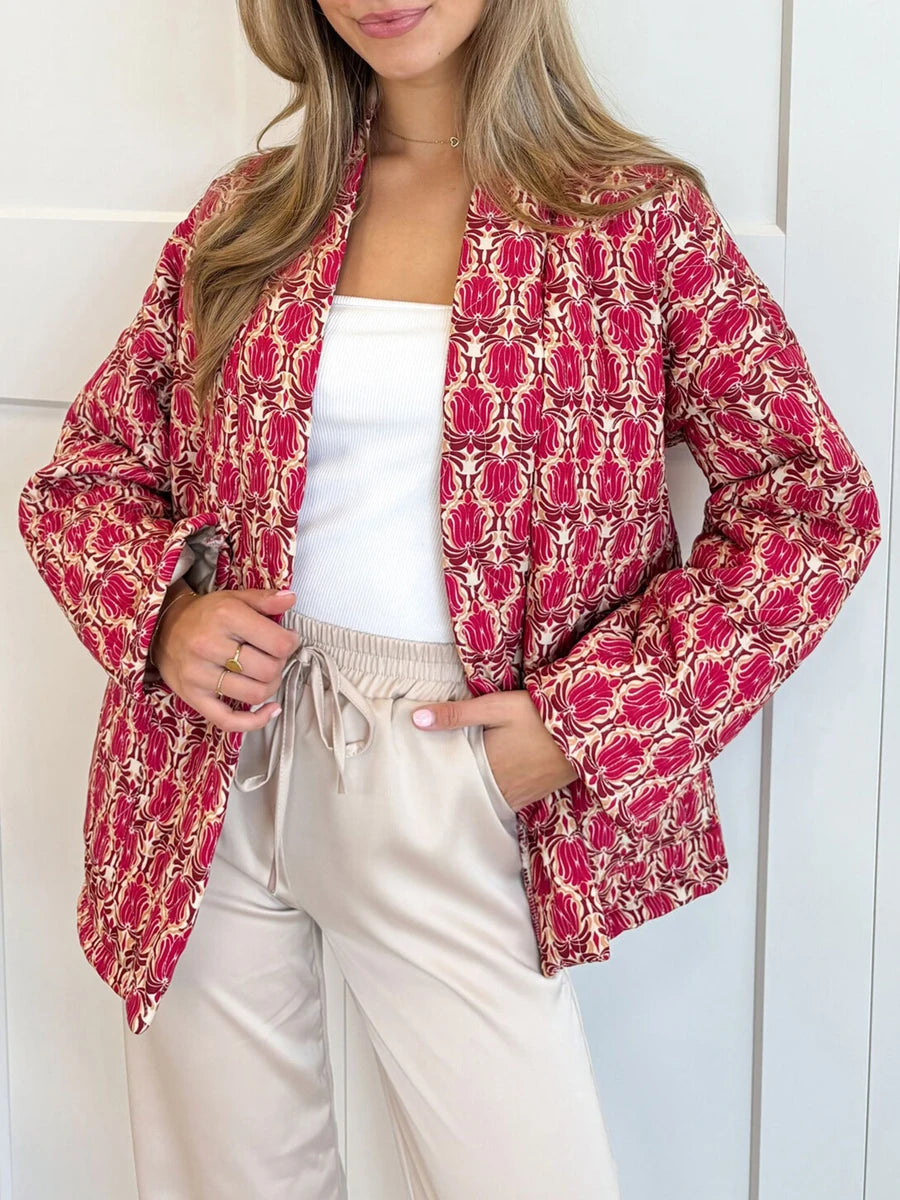 2024 New Fashion Women Winter Padded Jacket Vintage Print Open Front Quilted Long Sleeve Coat Cardigan