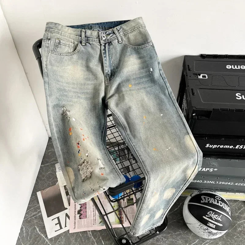 Men's Splashing ink Ripped Baggy Jeans 2024 New Hip Hop Fashion Graffiti Holed Straight-leg Denim Pants Y2k Streetwear Jean