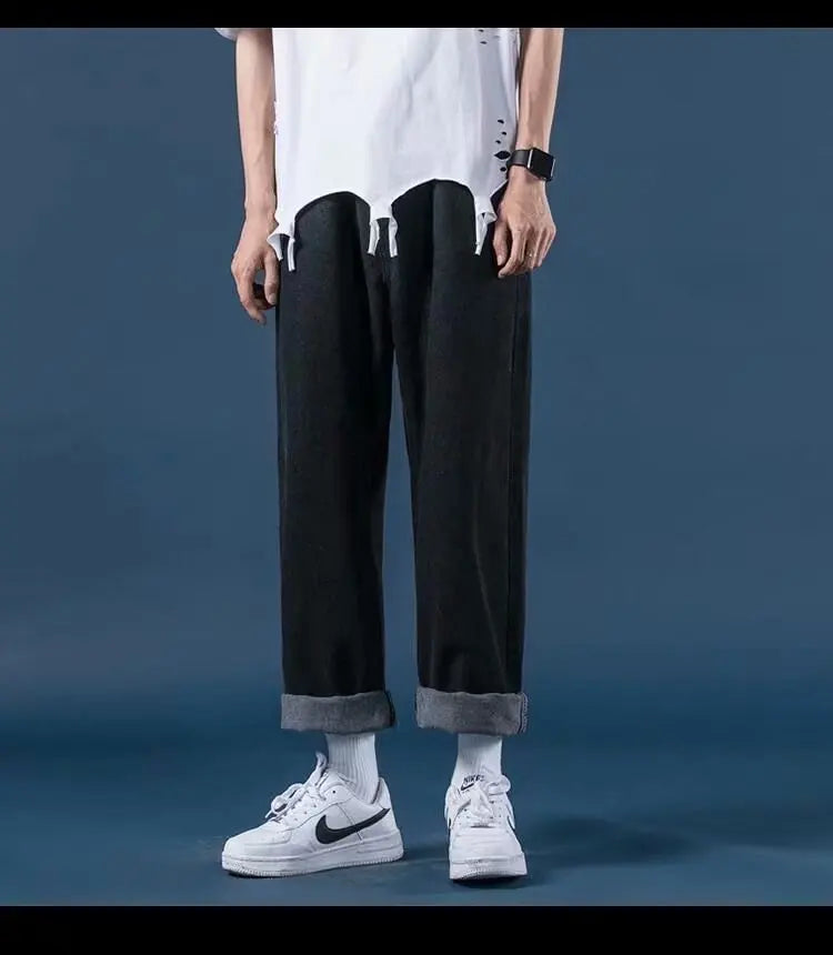 Pantalones vaqueros de mezclilla para hombre, de pierna ancha, largos hasta el suelo, holgados, informales, de cintura alta, lisos, sencillos y rectos, otoño 2024