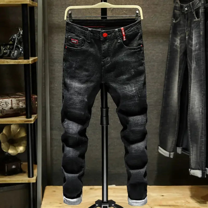 Winter Pants Brushed Denim Fabric Korean Style Clothes Luxury Street Men's Boots Cut Stretch Slim Plush Wool Thicken Jeans Pants