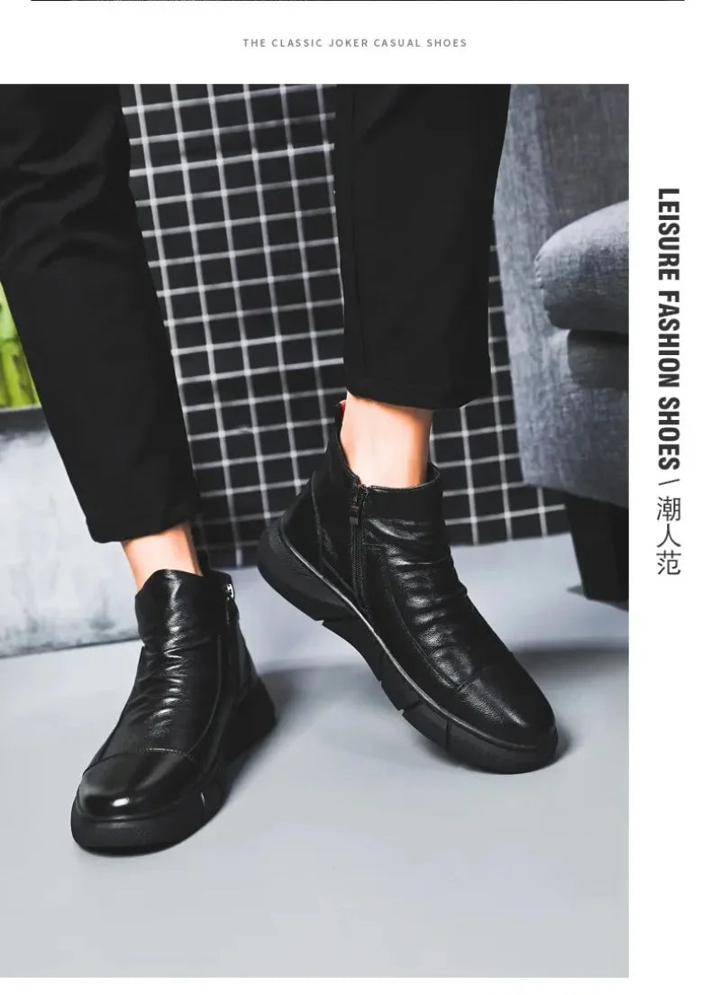 Bottes en cuir tendance pour hommes, bottes d'hiver chaudes et chaudes, chaussures en coton, bottes montantes décontractées en cuir, style britannique, chaussures pour hommes