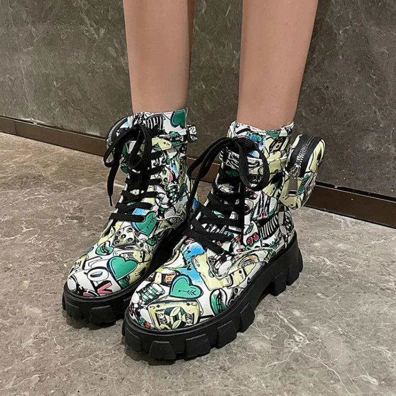 Thick-soled Women's Ankle Boots Fashion Printed Women Shoes High Quality Non-slip Motorcycle Boots New Gothic Style Women Boots